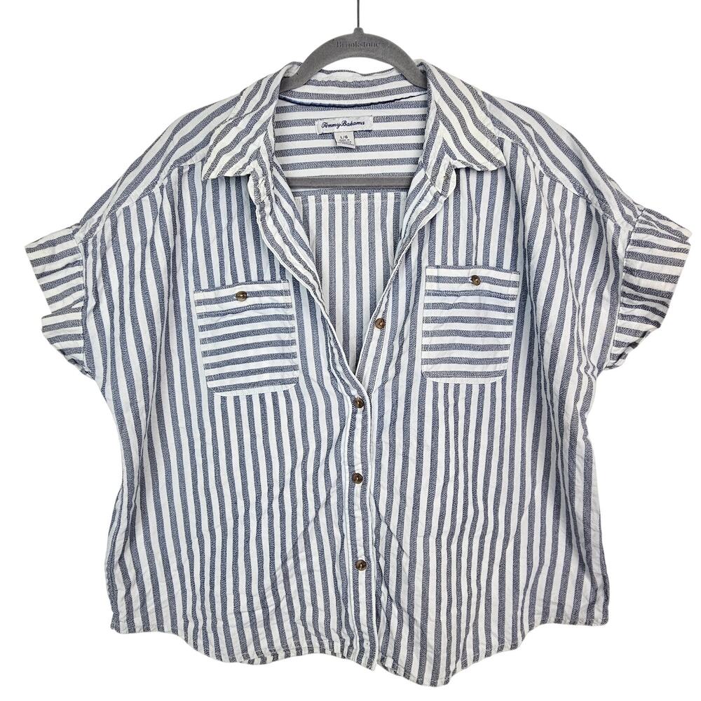 Tommy Bahama Womens Striped Boxy Shirt Sz L Oversized Coastal Grandma Resortwear